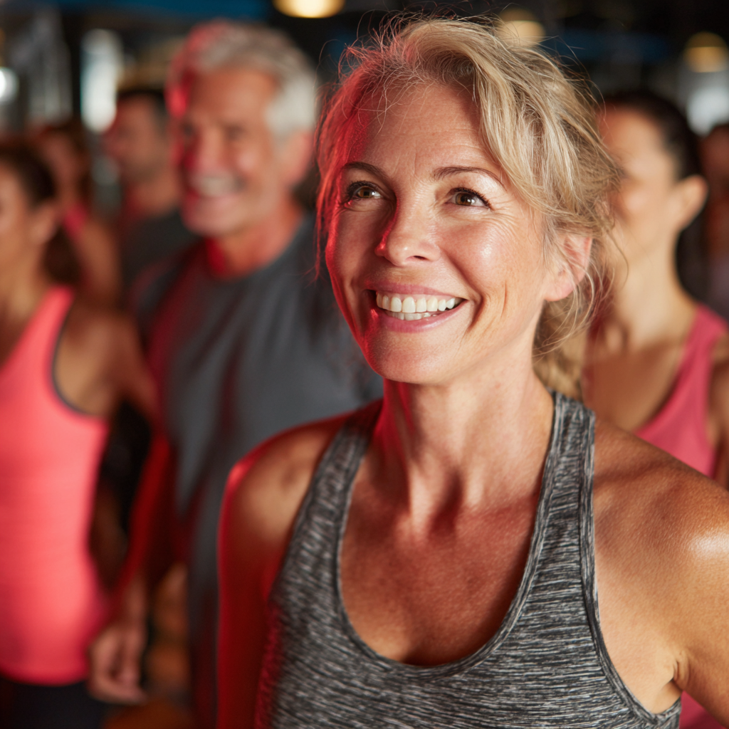 51 years old adults enjoying group fitness session