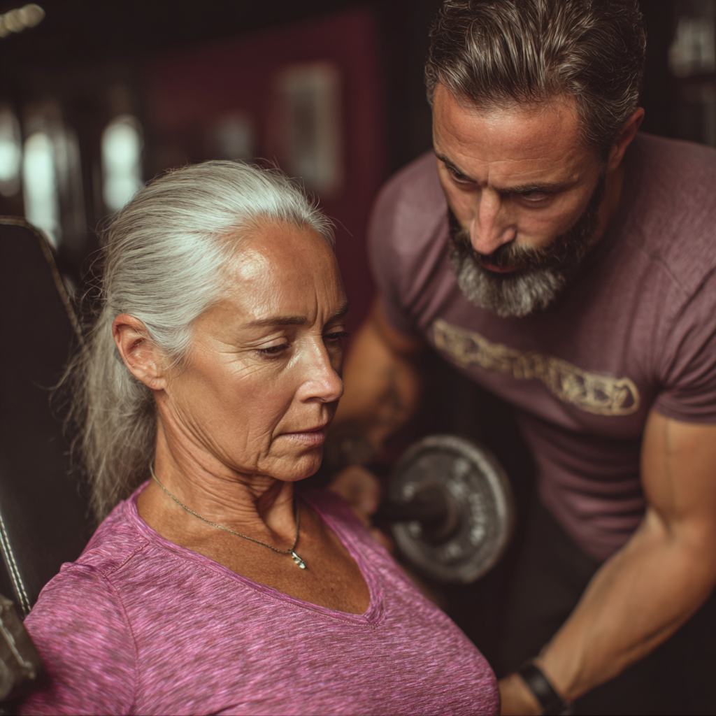 Professional 50 years old fitness trainer working with 50 years old woman
