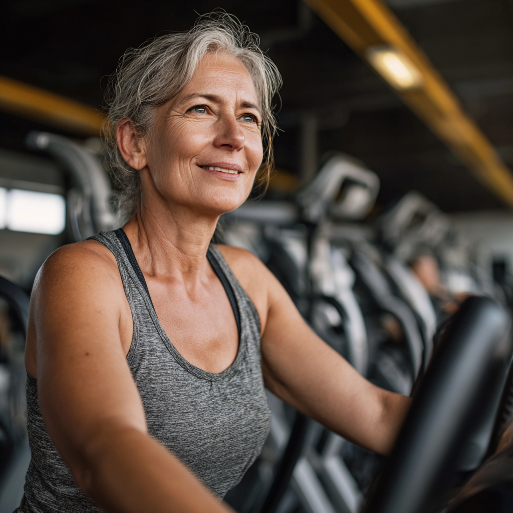 Satisfied 53 years old woman at cardio training